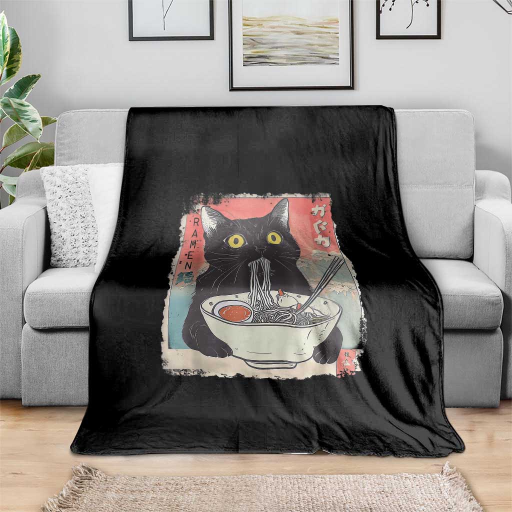 Funny Black Cat Eating Ramen Noodle Graphic Throw Blanket Japanese Anime Manga Kawaii Cats - Wonder Print Shop