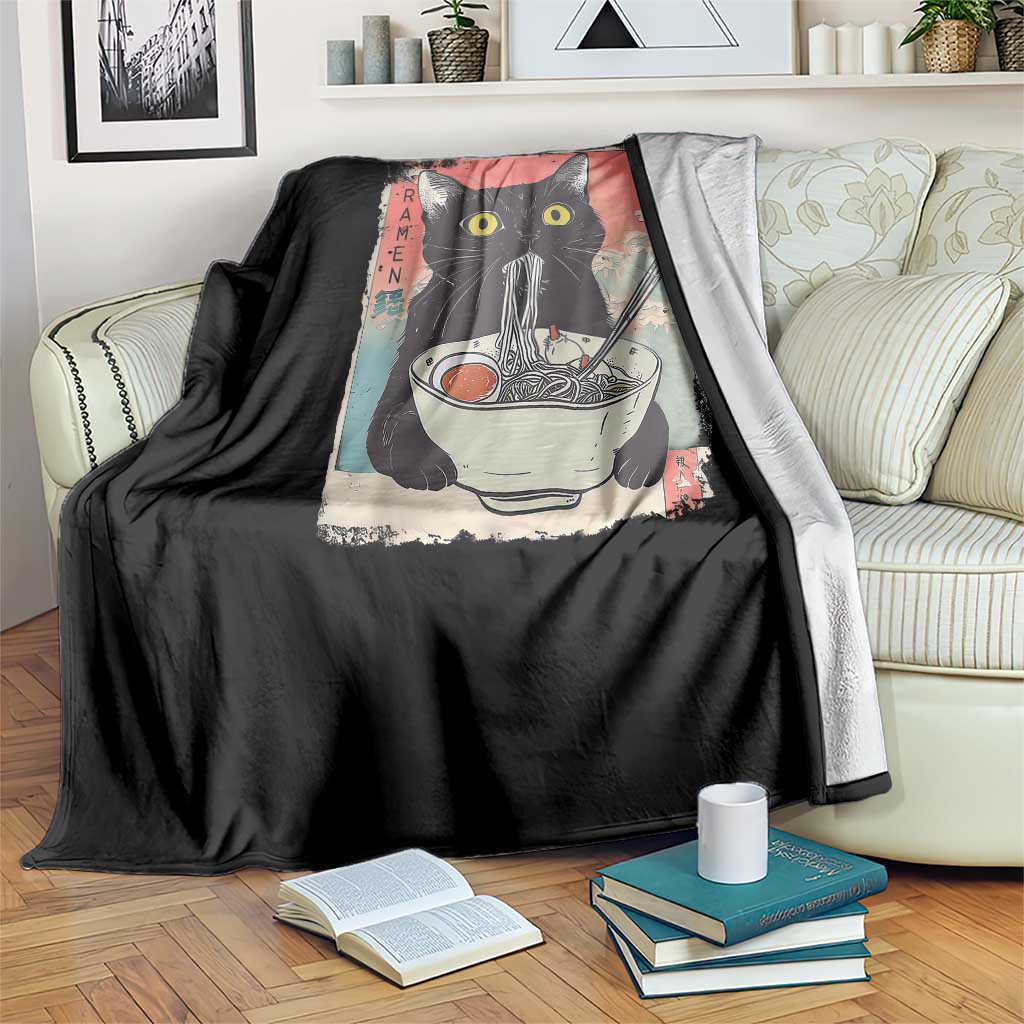 Funny Black Cat Eating Ramen Noodle Graphic Throw Blanket Japanese Anime Manga Kawaii Cats - Wonder Print Shop
