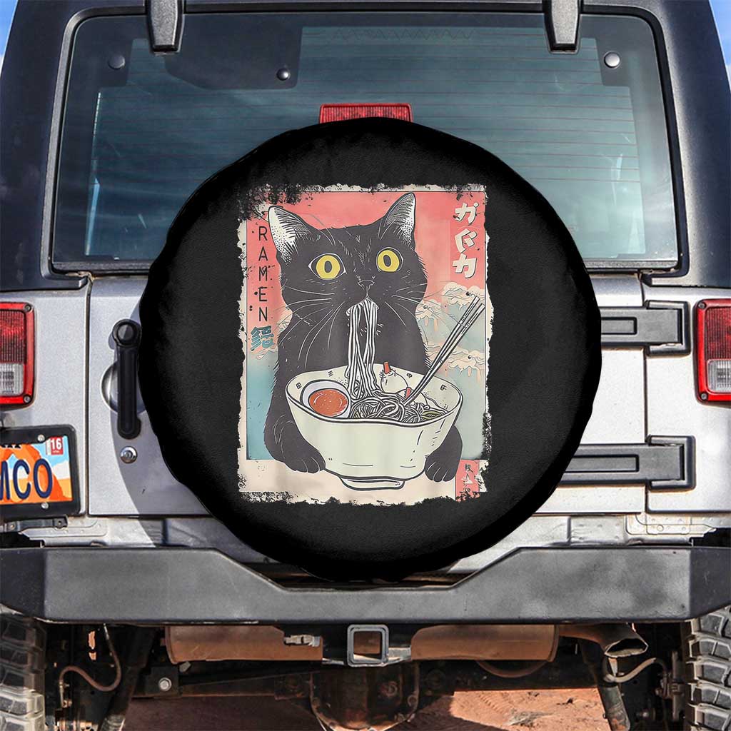 Funny Black Cat Eating Ramen Noodle Graphic Spare Tire Cover Japanese Anime Manga Kawaii Cats - Wonder Print Shop