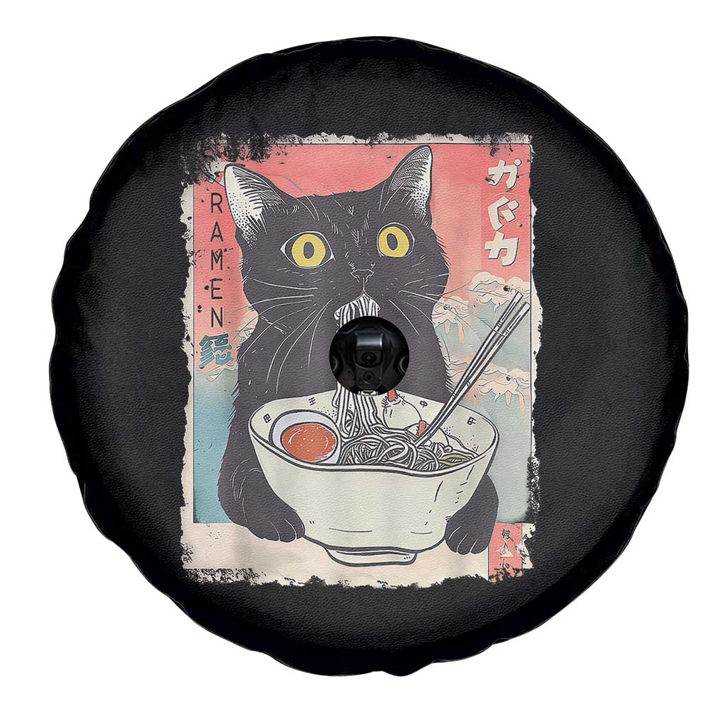 Funny Black Cat Eating Ramen Noodle Graphic Spare Tire Cover Japanese Anime Manga Kawaii Cats - Wonder Print Shop