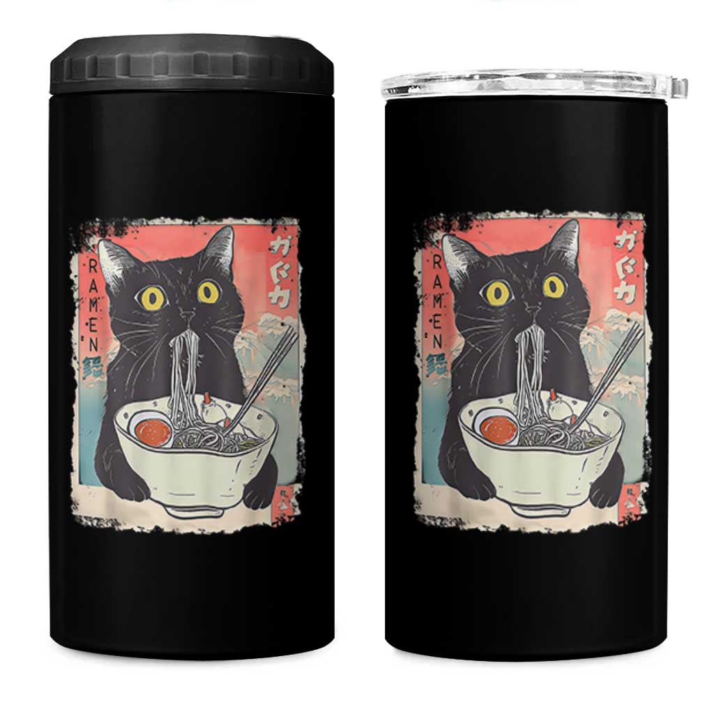 Funny Black Cat Eating Ramen Noodle Graphic 4 in 1 Can Cooler Tumbler Japanese Anime Manga Kawaii Cats - Wonder Print Shop