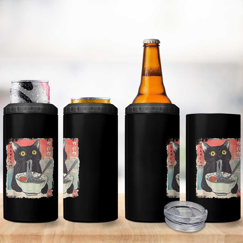 Funny Black Cat Eating Ramen Noodle Graphic 4 in 1 Can Cooler Tumbler Japanese Anime Manga Kawaii Cats - Wonder Print Shop