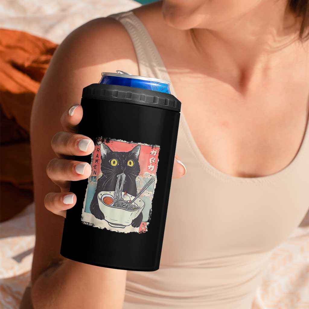 Funny Black Cat Eating Ramen Noodle Graphic 4 in 1 Can Cooler Tumbler Japanese Anime Manga Kawaii Cats - Wonder Print Shop