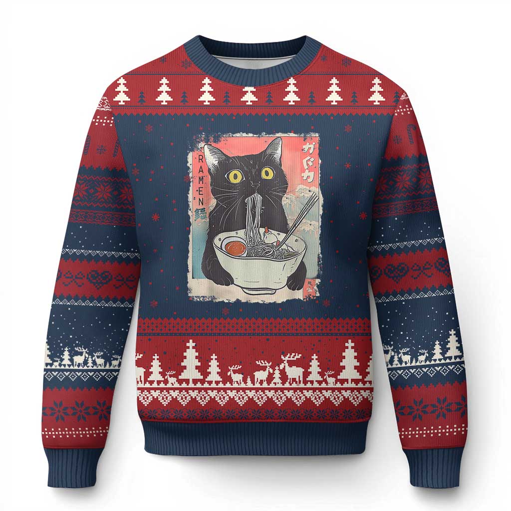 Funny Black Cat Eating Ramen Noodle Graphic Ugly Christmas Sweater Japanese Anime Manga Kawaii Cats - Wonder Print Shop