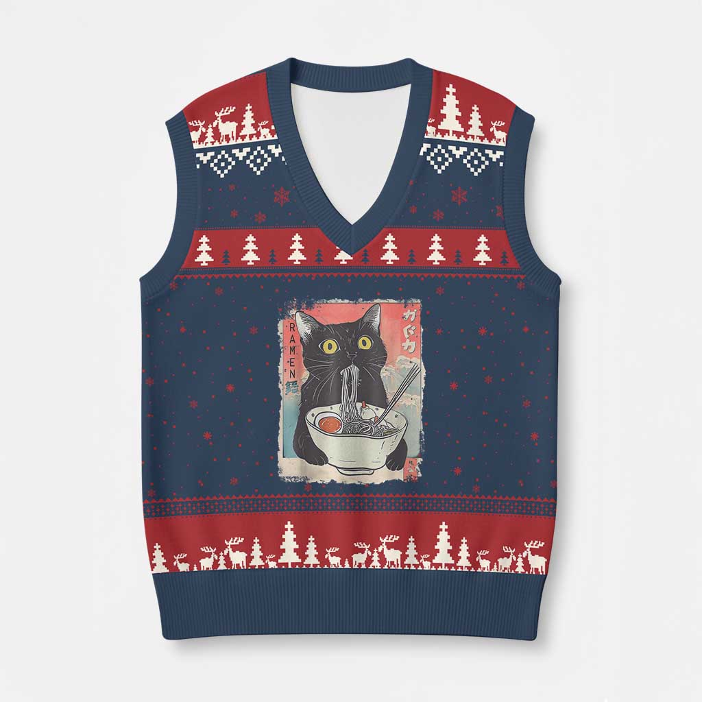 Funny Black Cat Eating Ramen Noodle Graphic V-Neck Knit Sweater Vest Japanese Anime Manga Kawaii Cats - Wonder Print Shop