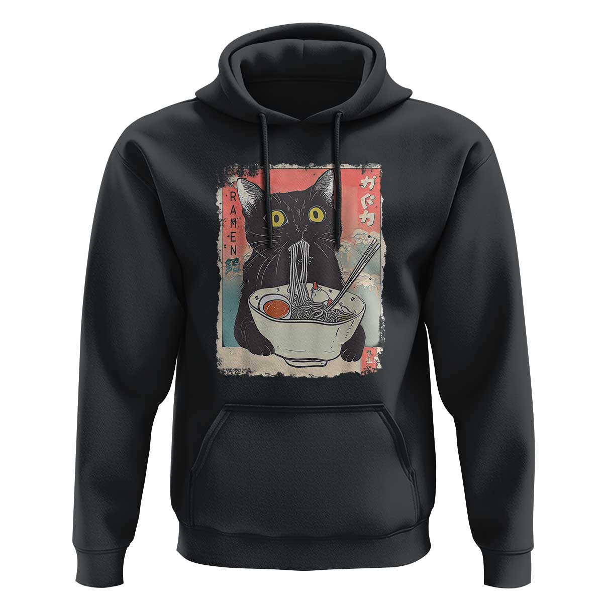 Funny Black Cat Eating Ramen Noodle Graphic Hoodie Japanese Anime Manga Kawaii Cats - Wonder Print Shop
