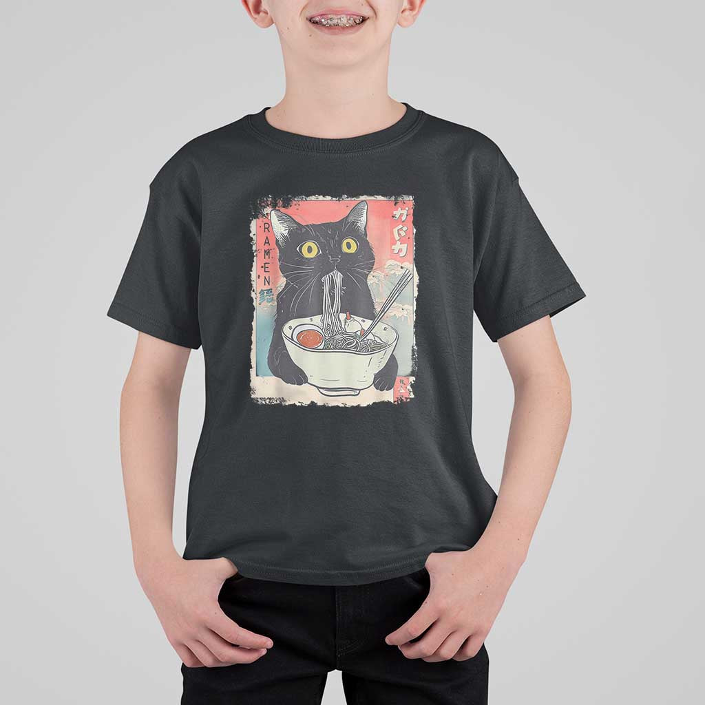 Funny Black Cat Eating Ramen Noodle Graphic T Shirt For Kid Japanese Anime Manga Kawaii Cats - Wonder Print Shop