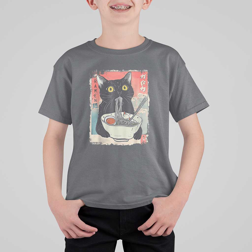 Funny Black Cat Eating Ramen Noodle Graphic T Shirt For Kid Japanese Anime Manga Kawaii Cats - Wonder Print Shop