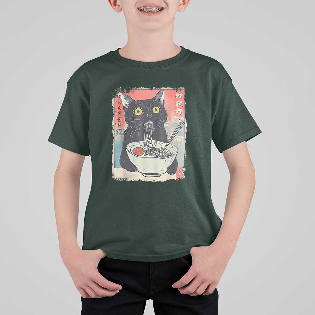 Funny Black Cat Eating Ramen Noodle Graphic T Shirt For Kid Japanese Anime Manga Kawaii Cats - Wonder Print Shop