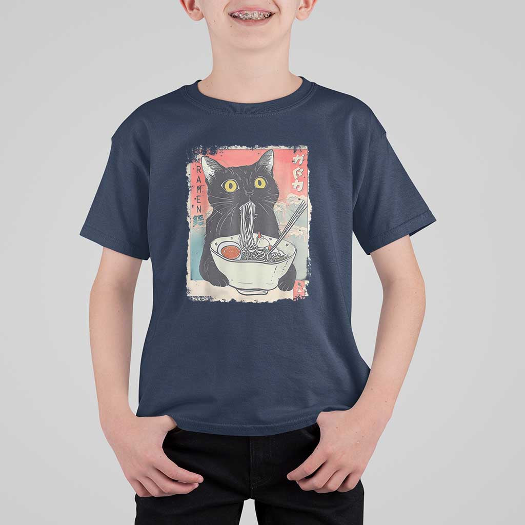 Funny Black Cat Eating Ramen Noodle Graphic T Shirt For Kid Japanese Anime Manga Kawaii Cats - Wonder Print Shop
