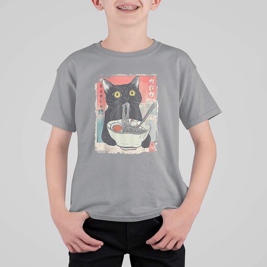 Funny Black Cat Eating Ramen Noodle Graphic T Shirt For Kid Japanese Anime Manga Kawaii Cats - Wonder Print Shop