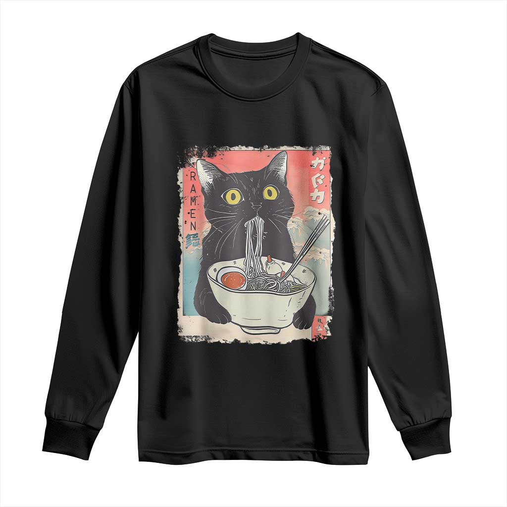 Funny Black Cat Eating Ramen Noodle Graphic Long Sleeve Shirt Japanese Anime Manga Kawaii Cats - Wonder Print Shop