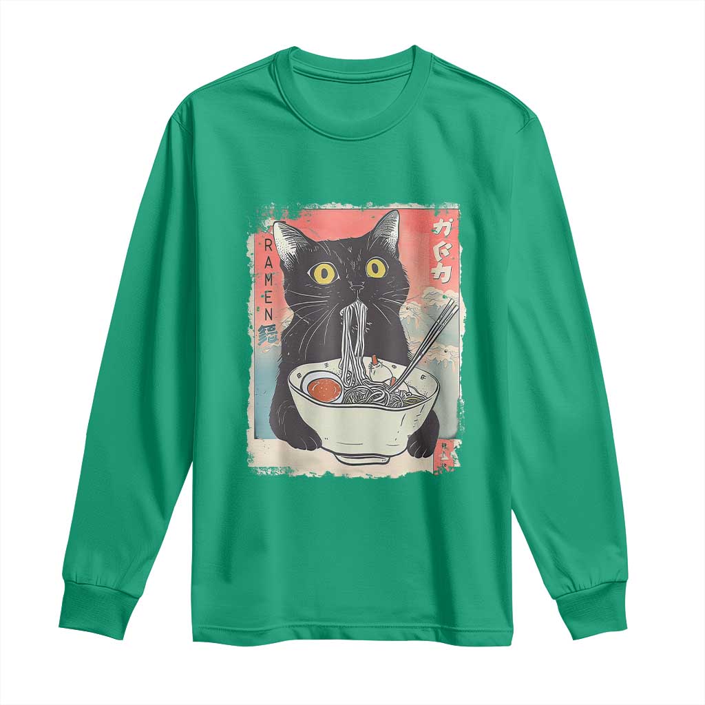 Funny Black Cat Eating Ramen Noodle Graphic Long Sleeve Shirt Japanese Anime Manga Kawaii Cats - Wonder Print Shop
