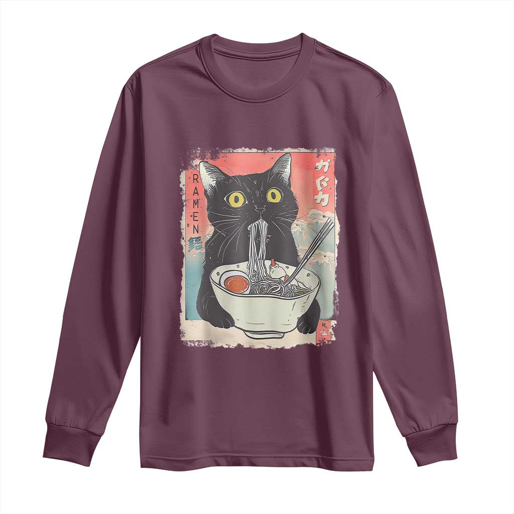 Funny Black Cat Eating Ramen Noodle Graphic Long Sleeve Shirt Japanese Anime Manga Kawaii Cats - Wonder Print Shop