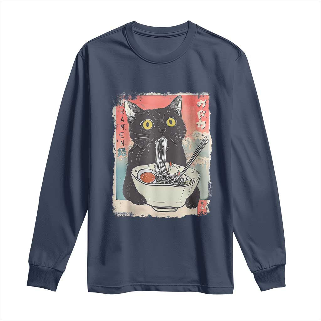 Funny Black Cat Eating Ramen Noodle Graphic Long Sleeve Shirt Japanese Anime Manga Kawaii Cats - Wonder Print Shop