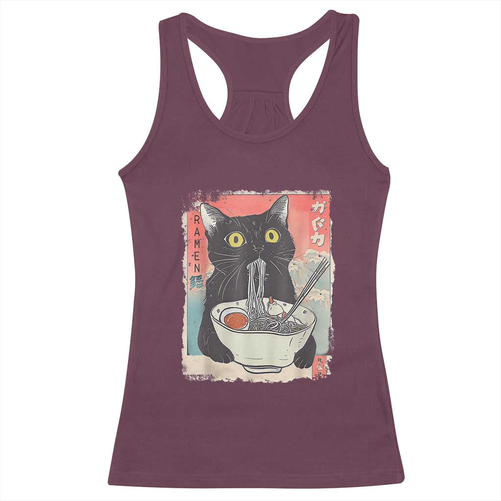 Funny Black Cat Eating Ramen Noodle Graphic Racerback Tank Top Japanese Anime Manga Kawaii Cats - Wonder Print Shop
