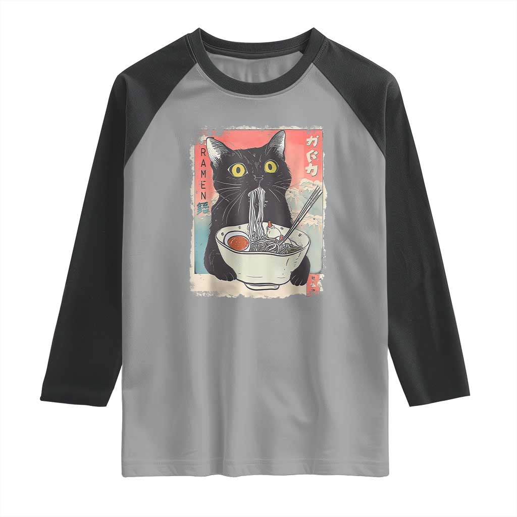 Funny Black Cat Eating Ramen Noodle Graphic Raglan Shirt Japanese Anime Manga Kawaii Cats - Wonder Print Shop