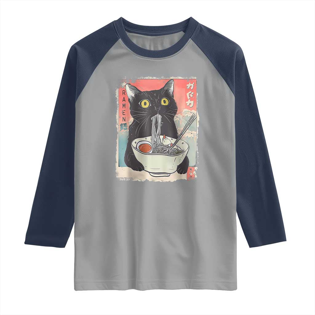 Funny Black Cat Eating Ramen Noodle Graphic Raglan Shirt Japanese Anime Manga Kawaii Cats - Wonder Print Shop