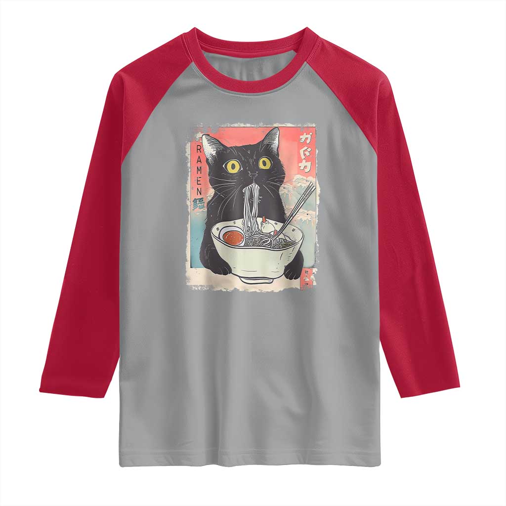 Funny Black Cat Eating Ramen Noodle Graphic Raglan Shirt Japanese Anime Manga Kawaii Cats - Wonder Print Shop
