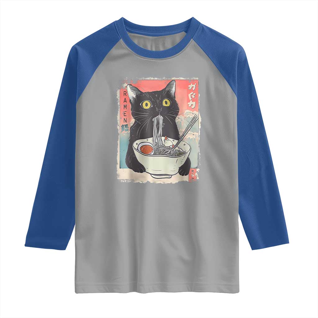 Funny Black Cat Eating Ramen Noodle Graphic Raglan Shirt Japanese Anime Manga Kawaii Cats - Wonder Print Shop
