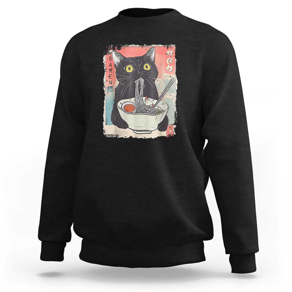 Funny Black Cat Eating Ramen Noodle Graphic Sweatshirt Japanese Anime Manga Kawaii Cats - Wonder Print Shop