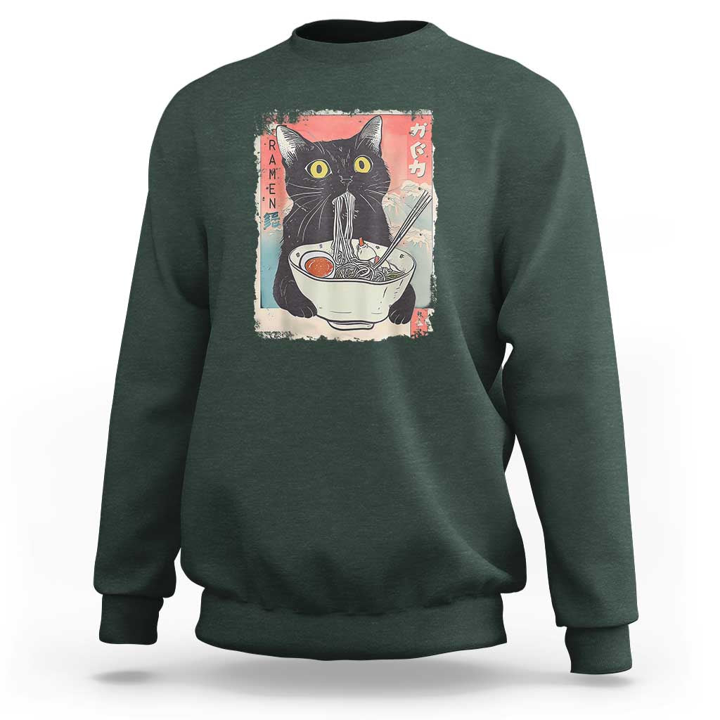 Funny Black Cat Eating Ramen Noodle Graphic Sweatshirt Japanese Anime Manga Kawaii Cats - Wonder Print Shop