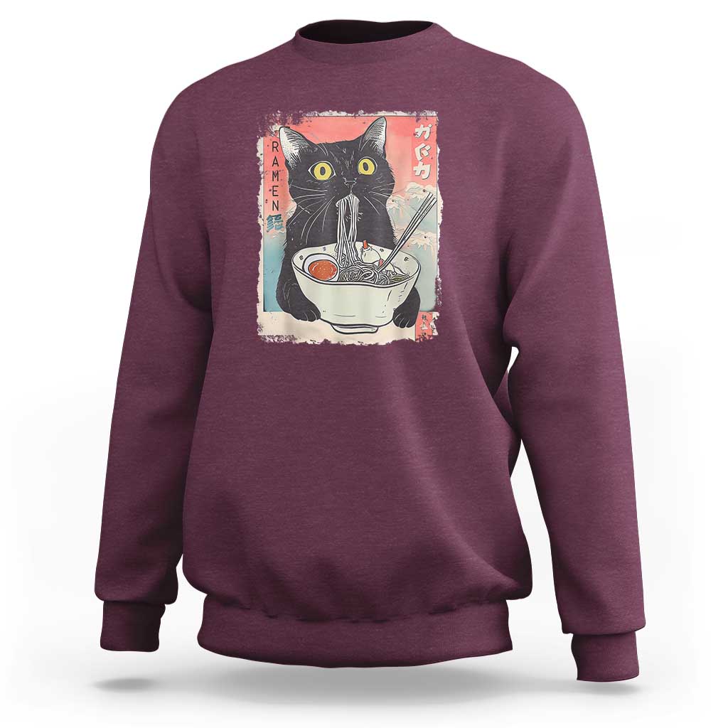 Funny Black Cat Eating Ramen Noodle Graphic Sweatshirt Japanese Anime Manga Kawaii Cats - Wonder Print Shop