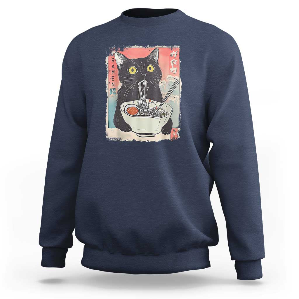Funny Black Cat Eating Ramen Noodle Graphic Sweatshirt Japanese Anime Manga Kawaii Cats - Wonder Print Shop