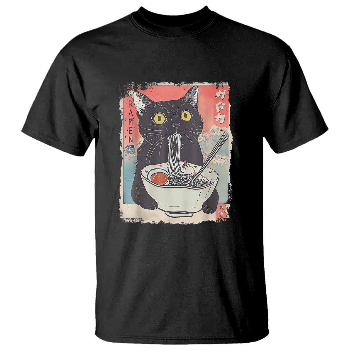 Funny Black Cat Eating Ramen Noodle Graphic T Shirt Japanese Anime Manga Kawaii Cats - Wonder Print Shop