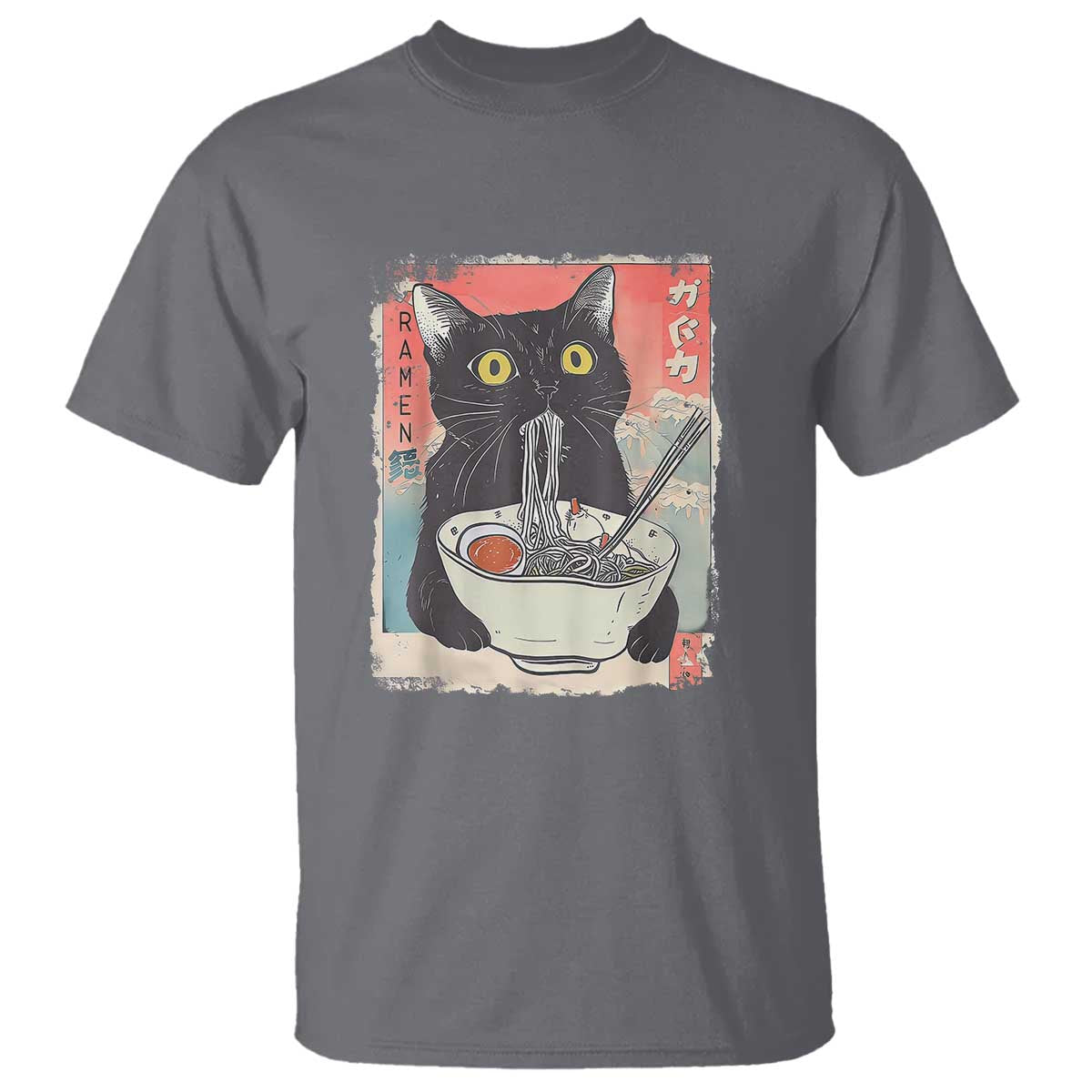 Funny Black Cat Eating Ramen Noodle Graphic T Shirt Japanese Anime Manga Kawaii Cats - Wonder Print Shop