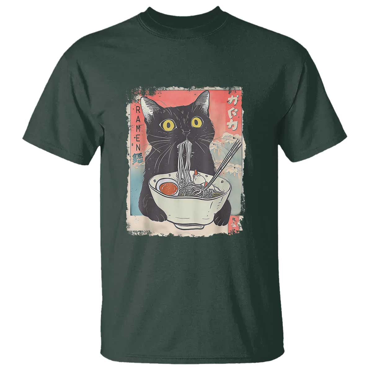 Funny Black Cat Eating Ramen Noodle Graphic T Shirt Japanese Anime Manga Kawaii Cats - Wonder Print Shop