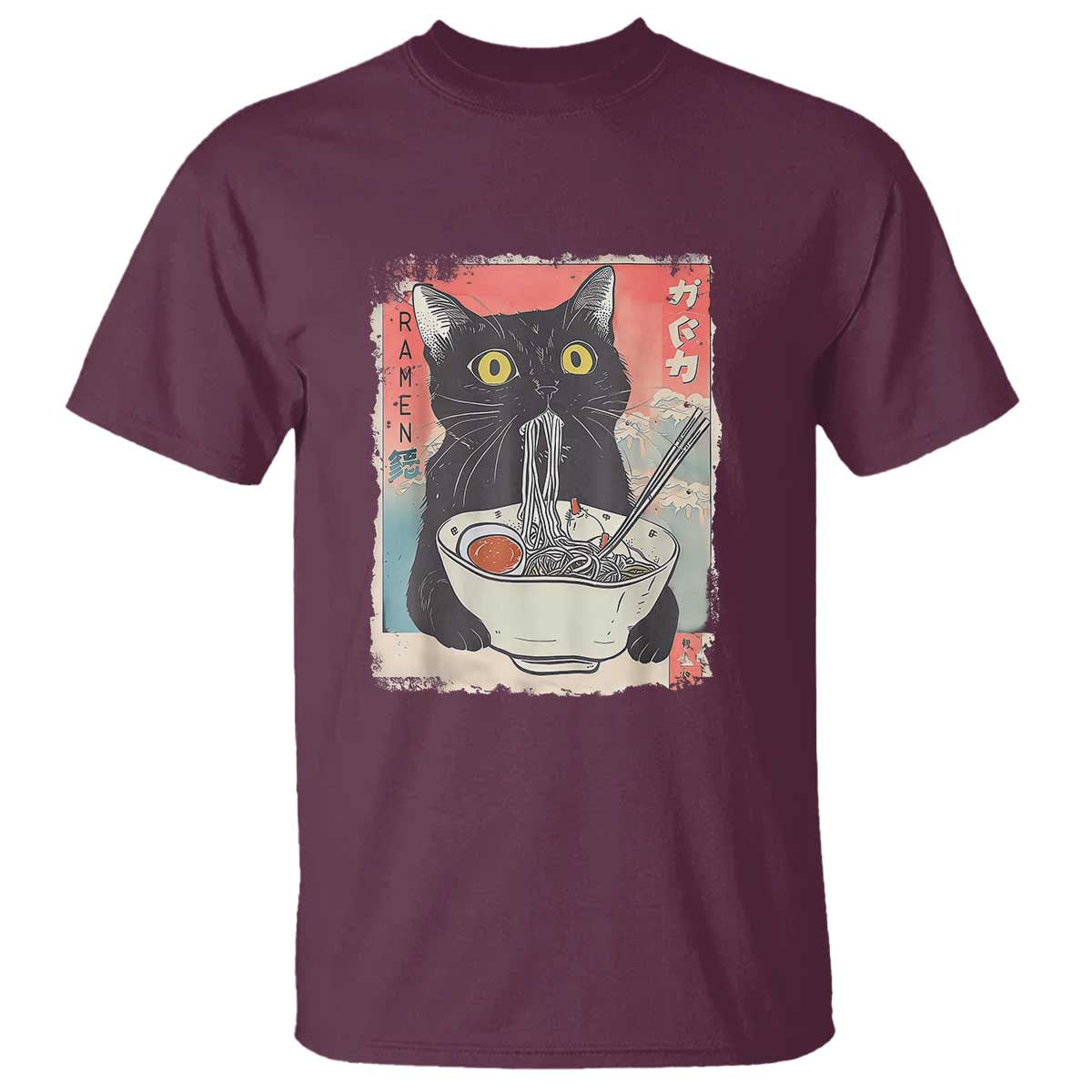 Funny Black Cat Eating Ramen Noodle Graphic T Shirt Japanese Anime Manga Kawaii Cats - Wonder Print Shop