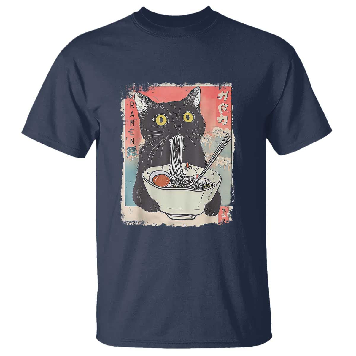 Funny Black Cat Eating Ramen Noodle Graphic T Shirt Japanese Anime Manga Kawaii Cats - Wonder Print Shop