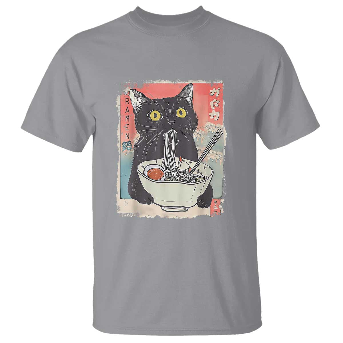 Funny Black Cat Eating Ramen Noodle Graphic T Shirt Japanese Anime Manga Kawaii Cats - Wonder Print Shop