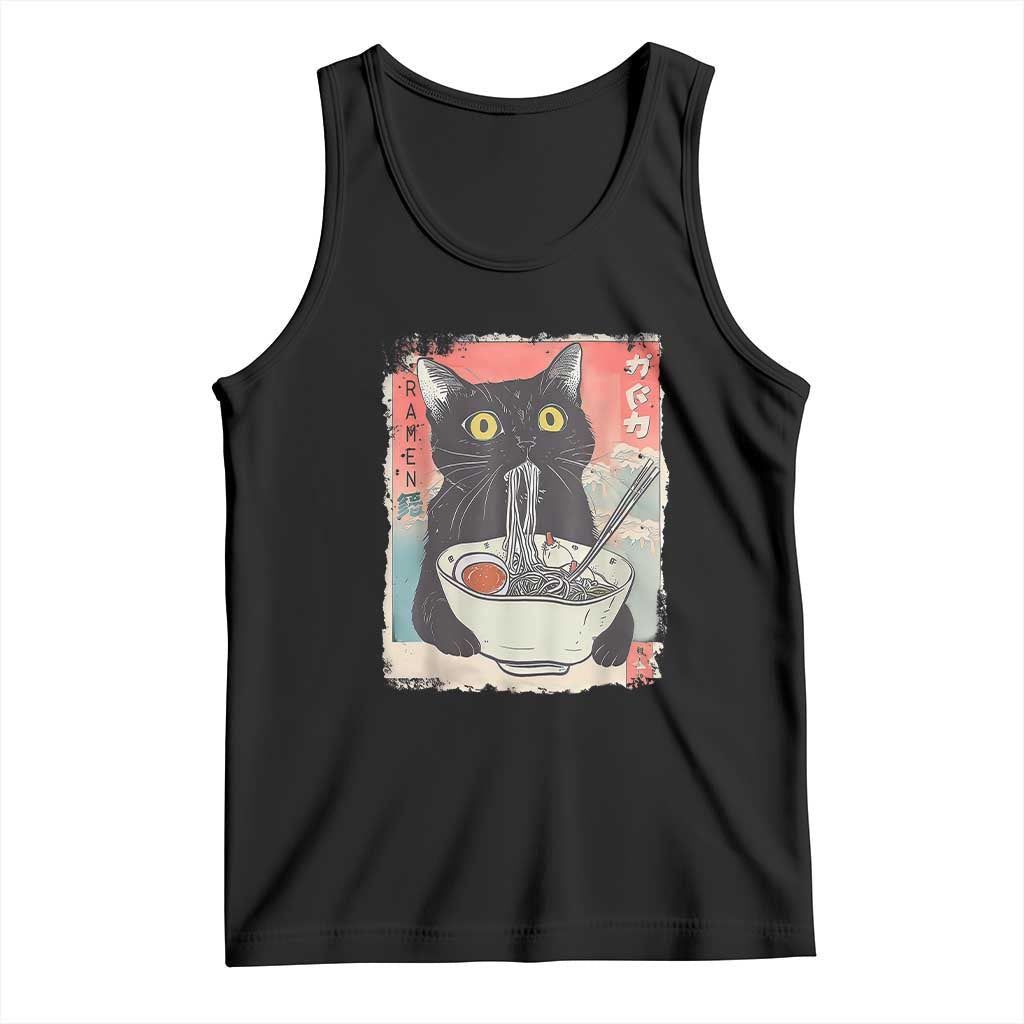 Funny Black Cat Eating Ramen Noodle Graphic Tank Top Japanese Anime Manga Kawaii Cats - Wonder Print Shop