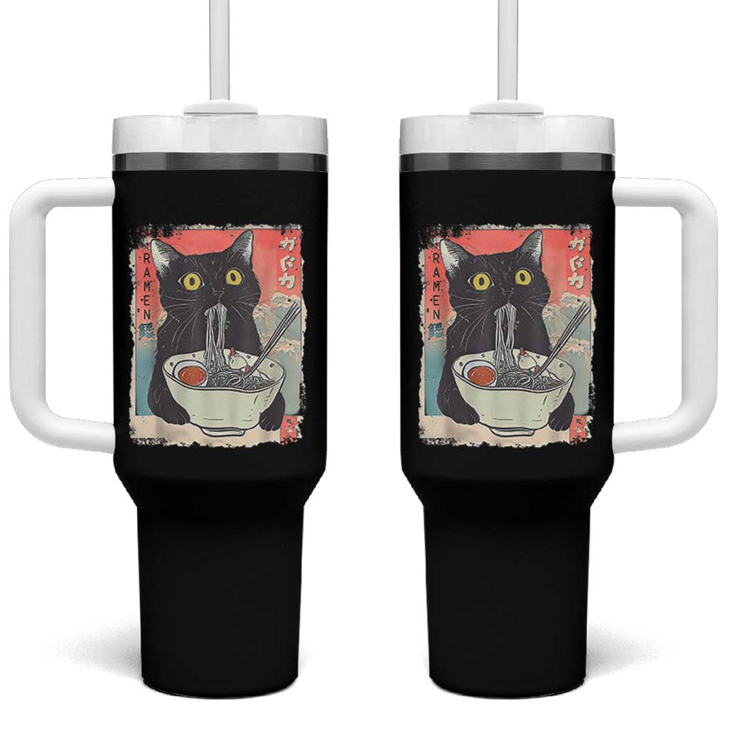 Funny Black Cat Eating Ramen Noodle Graphic Tumbler With Handle Japanese Anime Manga Kawaii Cats - Wonder Print Shop
