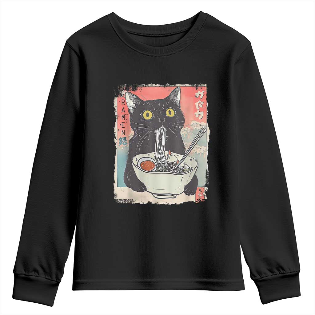 Funny Black Cat Eating Ramen Noodle Graphic Youth Sweatshirt Japanese Anime Manga Kawaii Cats - Wonder Print Shop