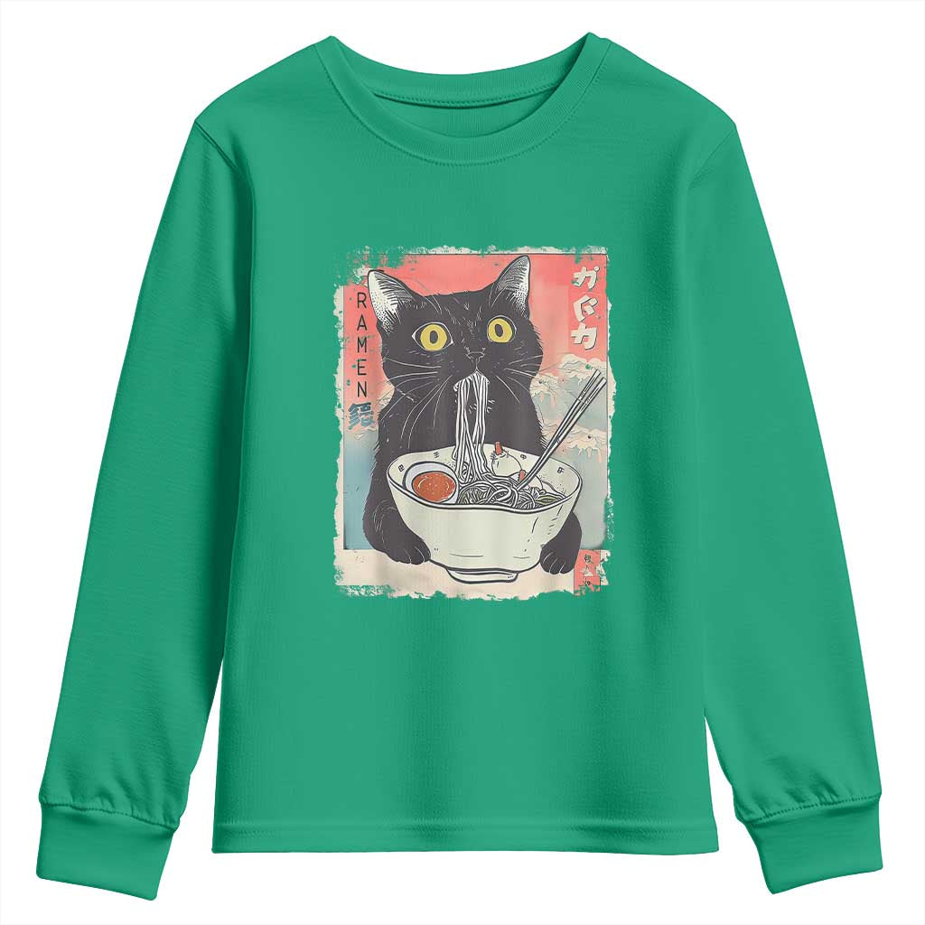 Funny Black Cat Eating Ramen Noodle Graphic Youth Sweatshirt Japanese Anime Manga Kawaii Cats - Wonder Print Shop