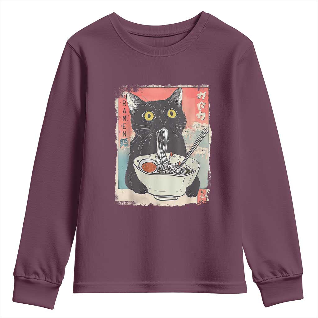 Funny Black Cat Eating Ramen Noodle Graphic Youth Sweatshirt Japanese Anime Manga Kawaii Cats - Wonder Print Shop