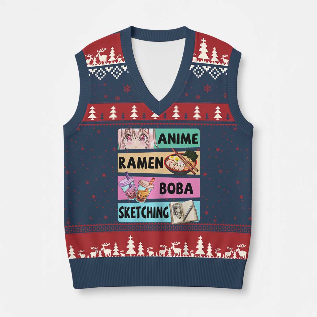 Anime Ramen Boba Sketching V-Neck Knit Sweater Vest Kawaii Otaku Manga Lover Japanese Pop Culture - Wonder Print Shop