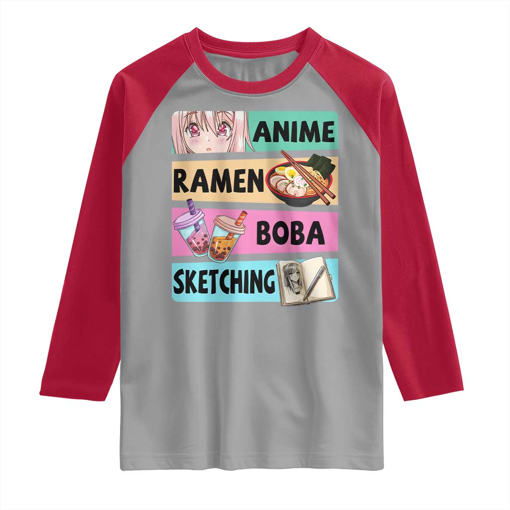 Anime Ramen Boba Sketching Raglan Shirt Kawaii Otaku Manga Lover Japanese Pop Culture