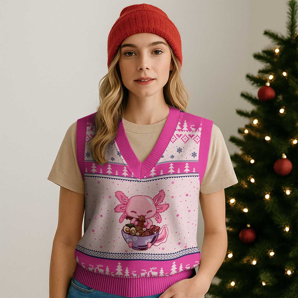 Kawaii Axolotl Eating Ramen V-Neck Knit Sweater Vest Japanese Noodles Lover Anime Otaku Manga - Wonder Print Shop