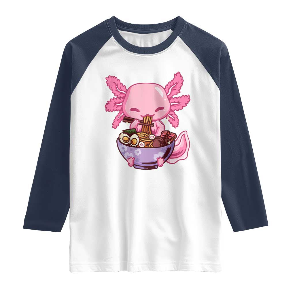 Kawaii Axolotl Eating Ramen Raglan Shirt Japanese Noodles Lover Anime Otaku Manga