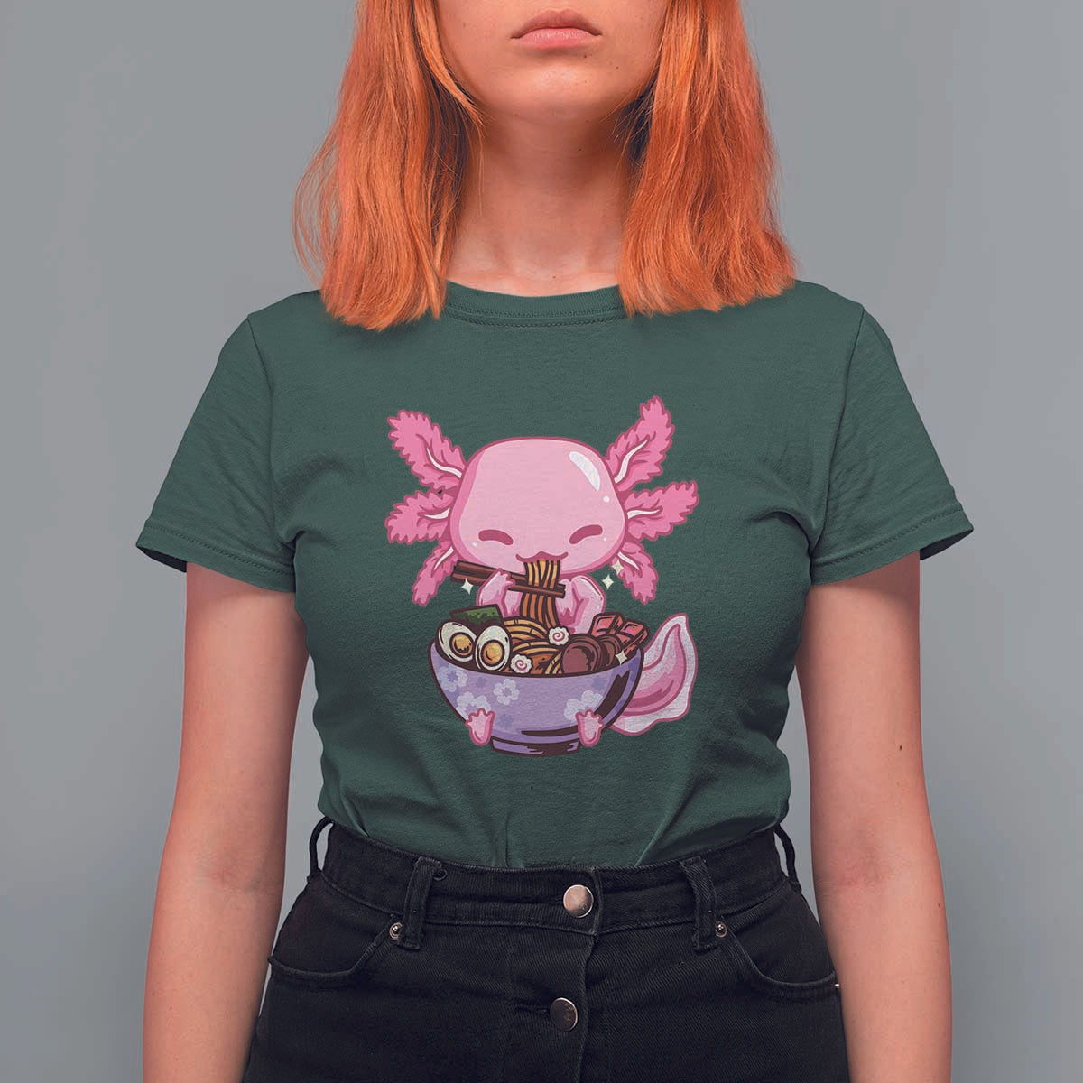 Kawaii Axolotl Eating Ramen T Shirt For Women Japanese Noodles Lover Anime Otaku Manga