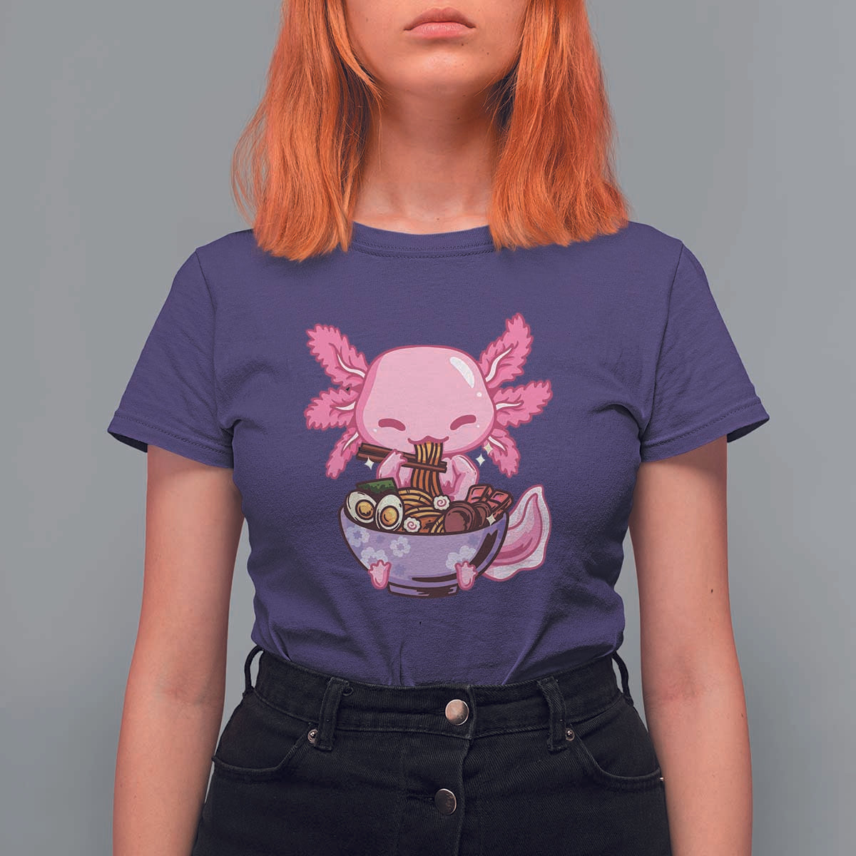 Kawaii Axolotl Eating Ramen T Shirt For Women Japanese Noodles Lover Anime Otaku Manga