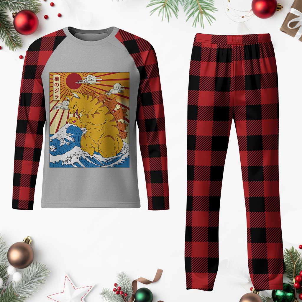 Funny Cat Japanese Anime Kawaii Plaid Pajama Set Catzilla Meme Retro Vintage Graphic - Wonder Print Shop