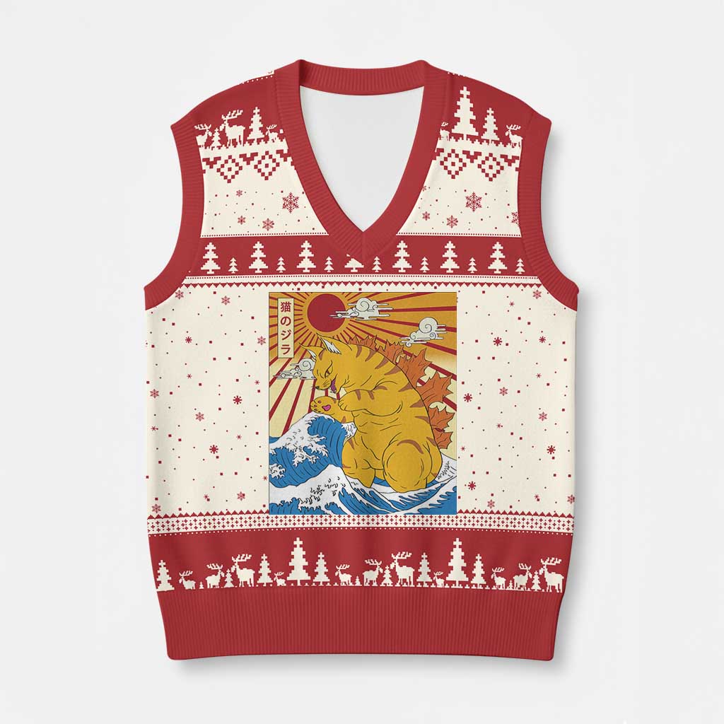 Funny Cat Japanese Anime Kawaii V-Neck Knit Sweater Vest Catzilla Meme Retro Vintage Graphic - Wonder Print Shop