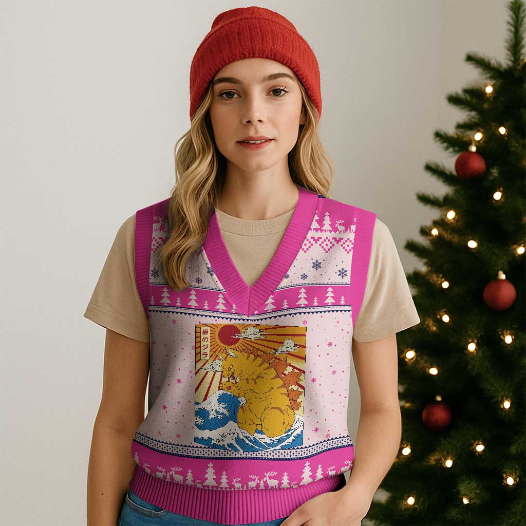 Funny Cat Japanese Anime Kawaii V-Neck Knit Sweater Vest Catzilla Meme Retro Vintage Graphic - Wonder Print Shop