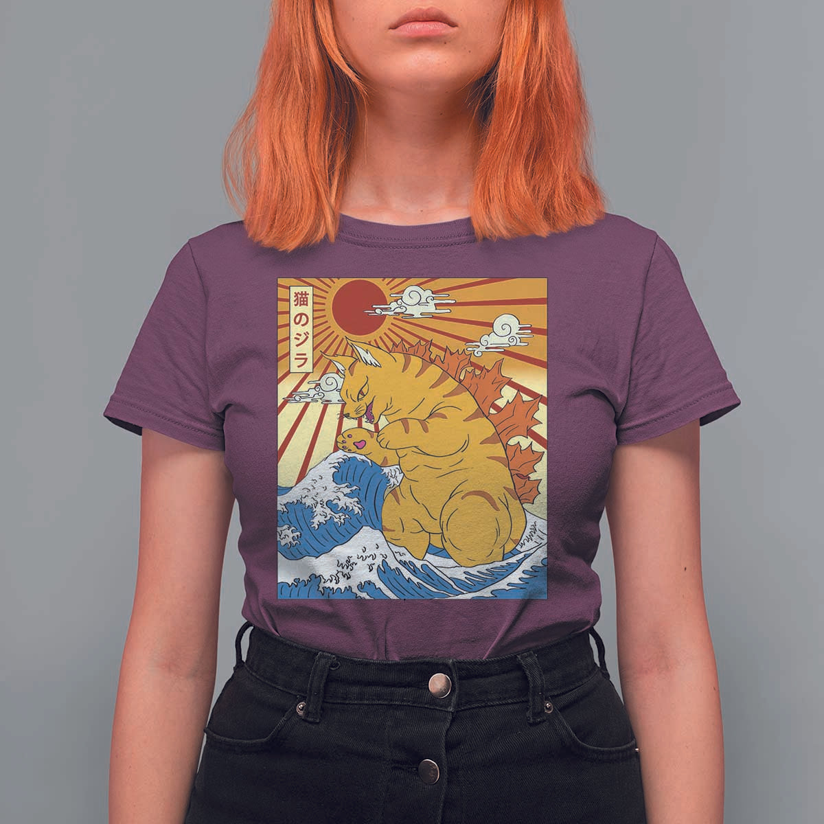 Funny Cat Japanese Anime Kawaii T Shirt For Women Catzilla Meme Retro Vintage Graphic - Wonder Print Shop