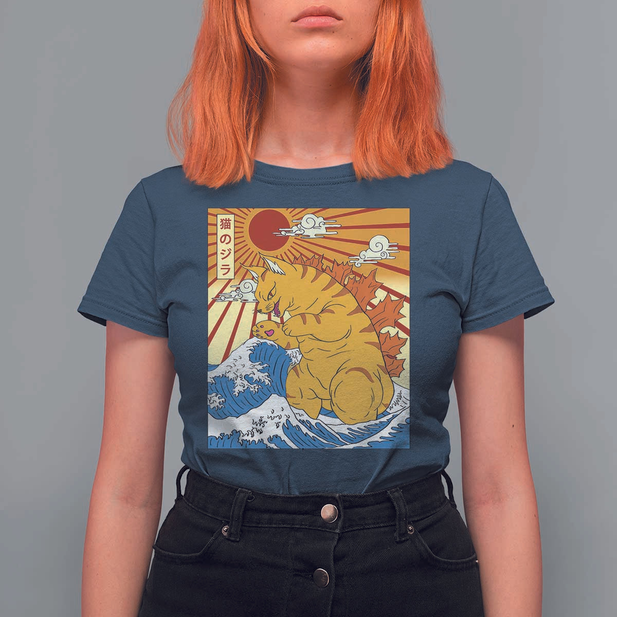 Funny Cat Japanese Anime Kawaii T Shirt For Women Catzilla Meme Retro Vintage Graphic - Wonder Print Shop